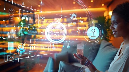 Poster - A woman engages with virtual data displays while seated comfortably in her cozy living room, illuminated by warm evening light.