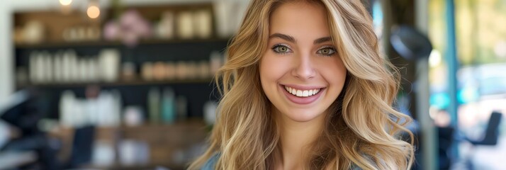 Sticker - A happy young woman smiling and posing elegantly in a beauty salon.