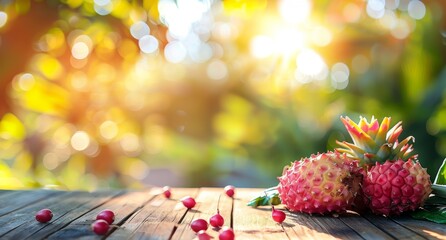 Two red fruits with spiky skin and leaves on wooden table with blurry green background.