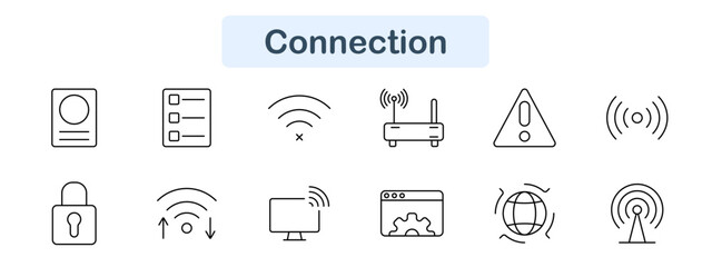 Connection set icon. Profile, list, wifi, router, warning, signal, lock, upload, download, monitor, internet, wireless, tech, online, digital, network, access, communication, alert, data.