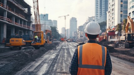 Poster - A focused engineer on-site, with a backdrop of roadwork equipment and construction materials, showcasing the essentials of civil engineering.