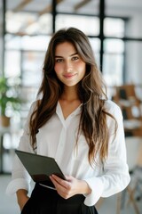 confident young spanish businesswoman with long hair holding tablet in modern glass office, wearing white shirt and black skirt, smiling at camera