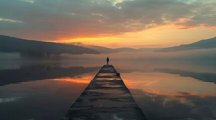 A person stands at the end of a long, empty pier, looking out over the tranquil water as the sun sets, capturing a moment of peaceful solitude.