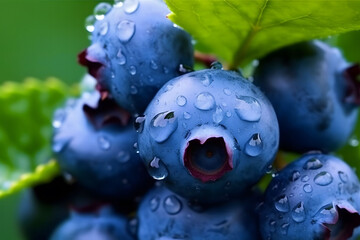 A close-up of fresh blueberries covered in water droplets, showcasing their vibrant color and natural texture.