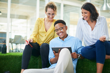 Poster - Tablet, team and smile for designer with business in office, working and proposal in startup. Notes, meeting and discussion of creative workers on lunch break for research, project or professional