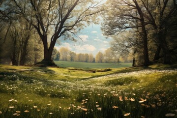 Wall Mural - Meadow in spring landscape grassland outdoors.