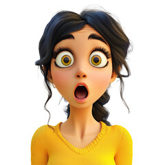 A surprised shocked scared Indian cartoon character young adult woman in 3D style, isolated on a transparent background