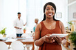 © peopleimages.com - Smile, tablet and portrait of black woman at creative agency with online report, confidence or business connection. Happy, professional and consultant with digital app, research or project management