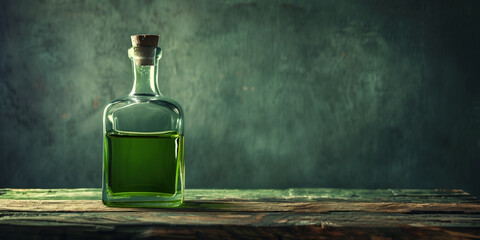 Wall Mural - Glass bottle filled with green liquid, placed on a wooden table with a plain background