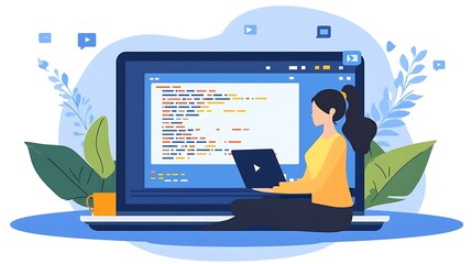 a young hispanic woman is focused on her laptop, coding in a serene workspace decorated with plants,