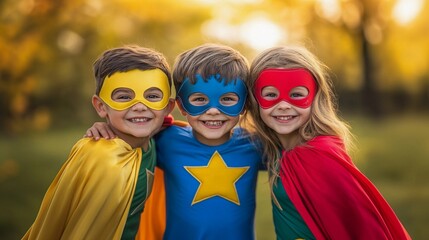 kids in superhero costumes playing in the park. Happy children playing outdoors in birthday party 