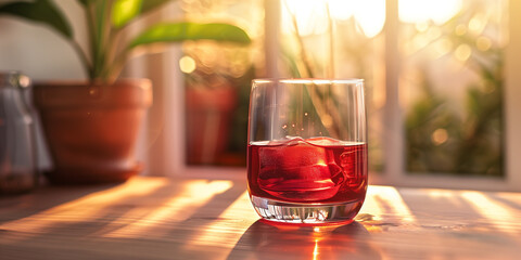 Wall Mural - Glass of red liquid on a table, with a small potted plant in the background