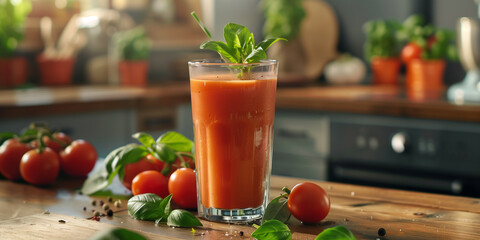 Glass of tomato juice on a kitchen island, accompanied by fresh tomatoes and a basil sprig