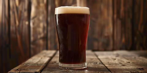 Pint glass of dark ale with a rich head, placed on a wooden table