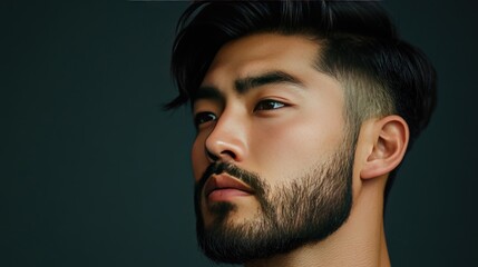 Asian man with a stylish haircut and well-groomed beard, his skin glowing, embodying the essence of men's beauty and self-care.