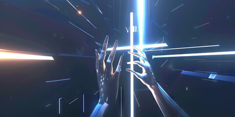 Wall Mural - Hand reaching for the cross with light rays on a dark background. Copy space