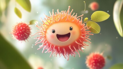 Poster - A cheerful cartoon rambutan with a fluffy exterior, bouncing around playfully.