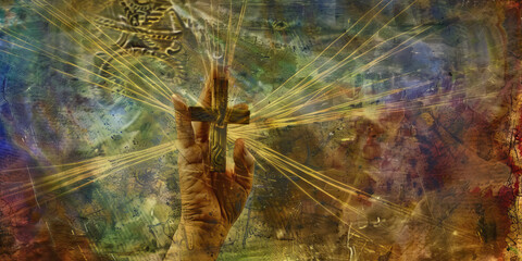 Wall Mural - Hand reaching for the cross with light rays on a dark background. Copy space