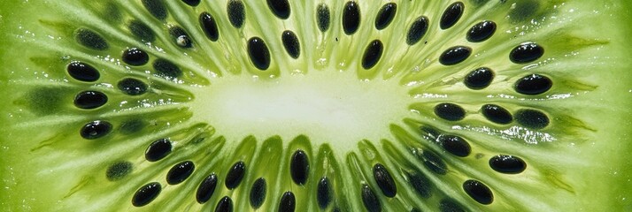 Poster - Green Kiwi Fruit Cross Section Revealing Glossy Black Seeds and a Central White Core Indoors