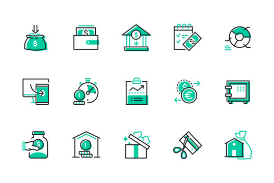 Financial transactions and banks - set of line design style icons. Budget planning idea. High quality images of wallet, transaction, currency exchange, dollar and euro, savings, cash and gift