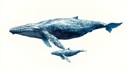 Canvas Print - Blue whale mother swimming with its baby calf isolated on a white background 