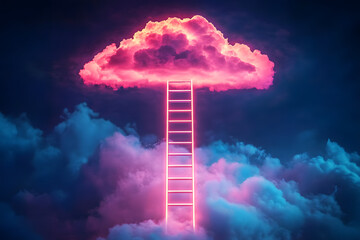 Wall Mural - A conceptual image of a neon ladder reaching up to a glowing cloud amidst a dark, stormy sky. Growth, future, development concept.