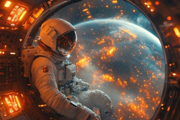 Wall Mural - awestruck astronaut gazing through massive space station window mysterious alien structure visible in distance stars and nebulae filling vast expanse futuristic interior details