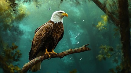 Poster - Bald Eagle on the branch of a tree. Digital painting.