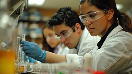 Wall Mural - Scientists from different fields working together in a lab, conducting experiments and recording data, demonstrating interdisciplinary collaboration