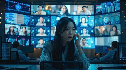 Wall Mural - Remote team members on a video conference call, with multiple screens showing different participants, highlighting the possibilities of virtual collaboration