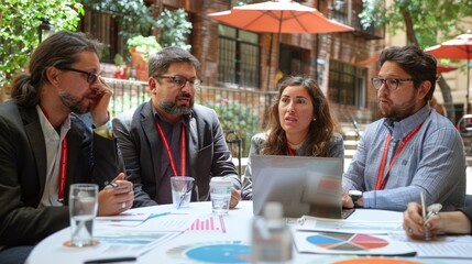 Wall Mural - Business professionals from various sectors brainstorming during a strategy meeting, with sticky notes and graphs on a wall, depicting a collaborative approach to problem-solving