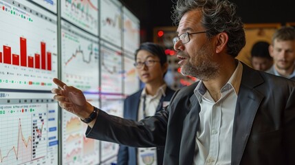 Wall Mural - A team of financial analysts discussing market trends, with charts and graphs displayed on a large screen, emphasizing the collaborative analysis process