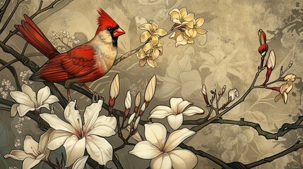 Poster - Cardinal Bird on Branch with Flowers