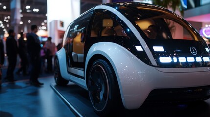 Poster - A sleek electric vehicle is displayed at an auto expo, featuring vibrant lights and attracting an engaged crowd.