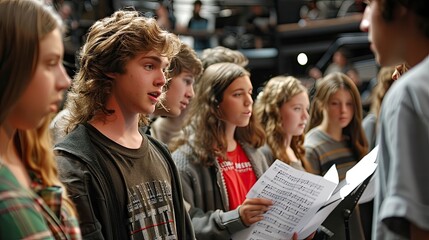 A group of theater performers rehearsing a play, with scripts and stage props, illustrating the collaborative nature of theatrical production