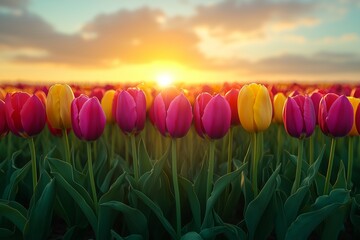 Wall Mural - colorful tulip field blooming at sunset with vibrant pink, yellow, and purple flowers against a dram