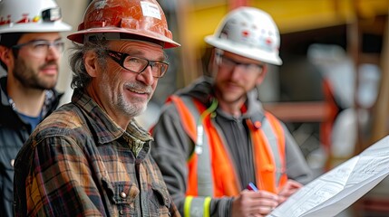 Wall Mural - A team of architects and builders discussing construction plans at a site, with blueprints and models, showcasing collaboration in building design