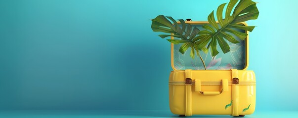 Canvas Print - Yellow Suitcase with Tropical Leaves Against a Turquoise Background