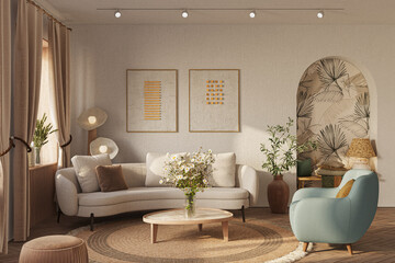 cozy home interior in light pastel colors with arched wall, hardwood flooring and cozy furniture. in