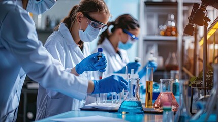 Wall Mural - Scientists from different fields conducting a collaborative experiment, with lab equipment and data sheets, demonstrating interdisciplinary teamwork