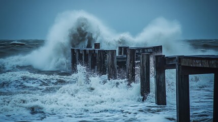 Poster - A close-up of waves crashing over a storm-beaten pier, with splashing water and rugged structures illustrating the impact of severe weather conditions.