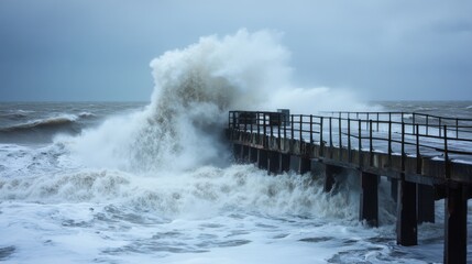 Poster - A close-up of waves crashing over a storm-beaten pier, with splashing water and rugged structures illustrating the impact of severe weather conditions.