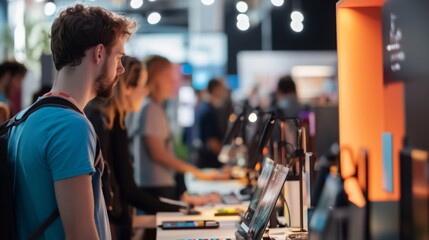 Poster - People interact with technology setups, exploring various products and exhibits in a lively trade show environment.