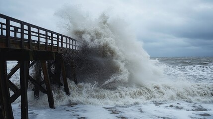 Poster - A close-up of waves crashing over a storm-beaten pier, with splashing water and rugged structures illustrating the impact of severe weather conditions.