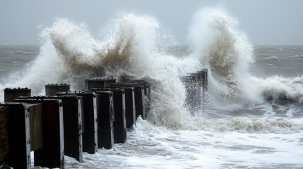 Poster - A close-up of waves crashing over a storm-beaten pier, with splashing water and rugged structures illustrating the impact of severe weather conditions.