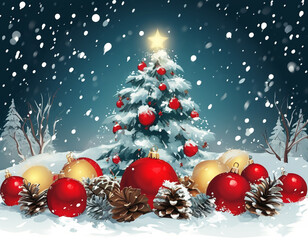 Wall Mural - christmas tree with baubles and blurred shiny lights