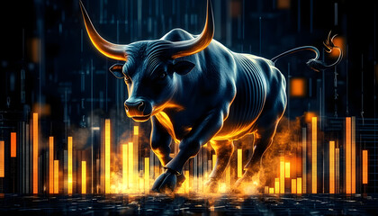 Sticker - Futuristic Bull Charging with Confidence Amidst Financial Bar Graphs