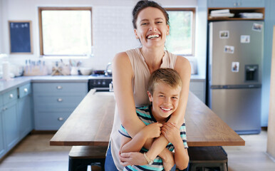 Poster - Portrait smile, mom and son with hug for healthy relationship, security and support in family home. Face, mother and boy child with happy embrace in kitchen for safety, bonding trust and mothers day