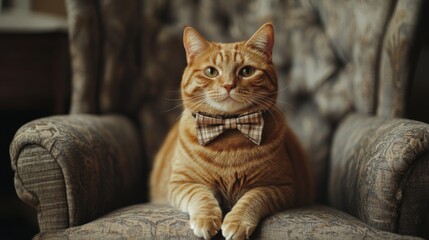 Poster - A detailed shot of a chubby cat with a bow tie around its neck, sitting elegantly on a chair, showcasing its charming and adorable appearance.