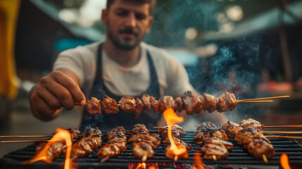 Wall Mural - A man is cooking skewers of meat on a grill